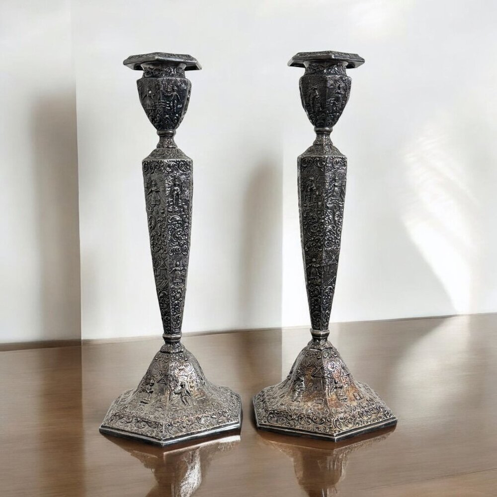 Vintage Pair of Jennings Brothers JB Art Nouveau Metal Candlestick Holders 12" P